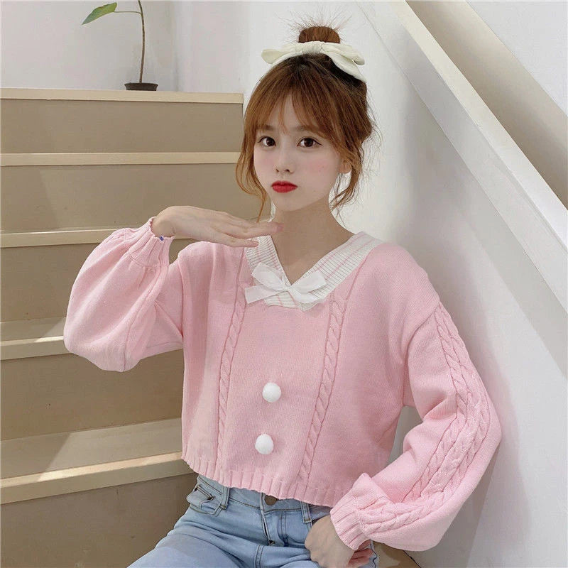 Sweet Candy Color Bow V Neck Sweater