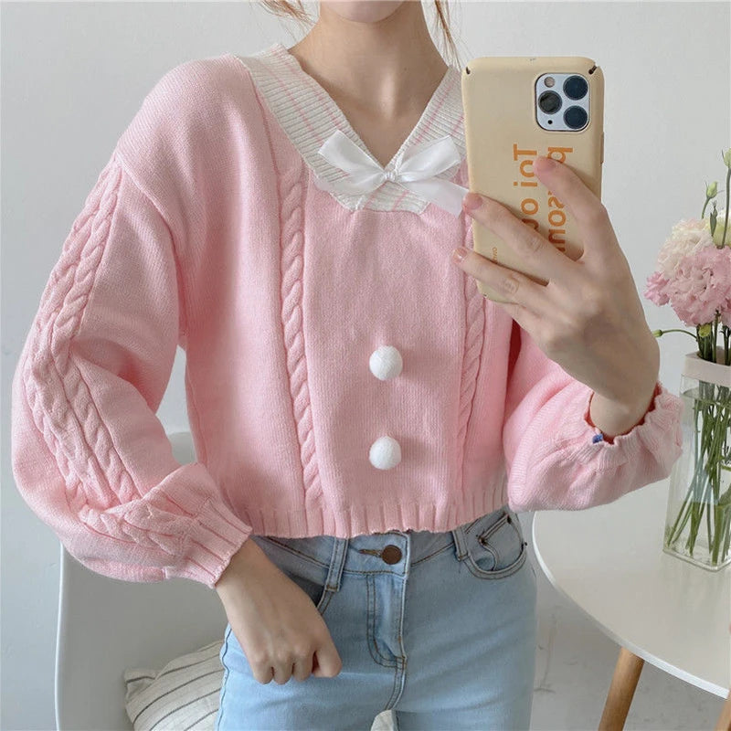 Sweet Candy Color Bow V Neck Sweater