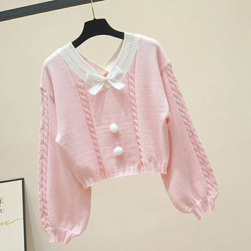 Sweet Candy Color Bow V Neck Sweater