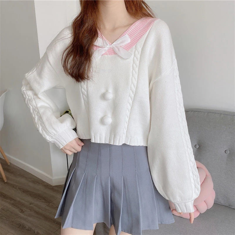 Sweet Candy Color Bow V Neck Sweater