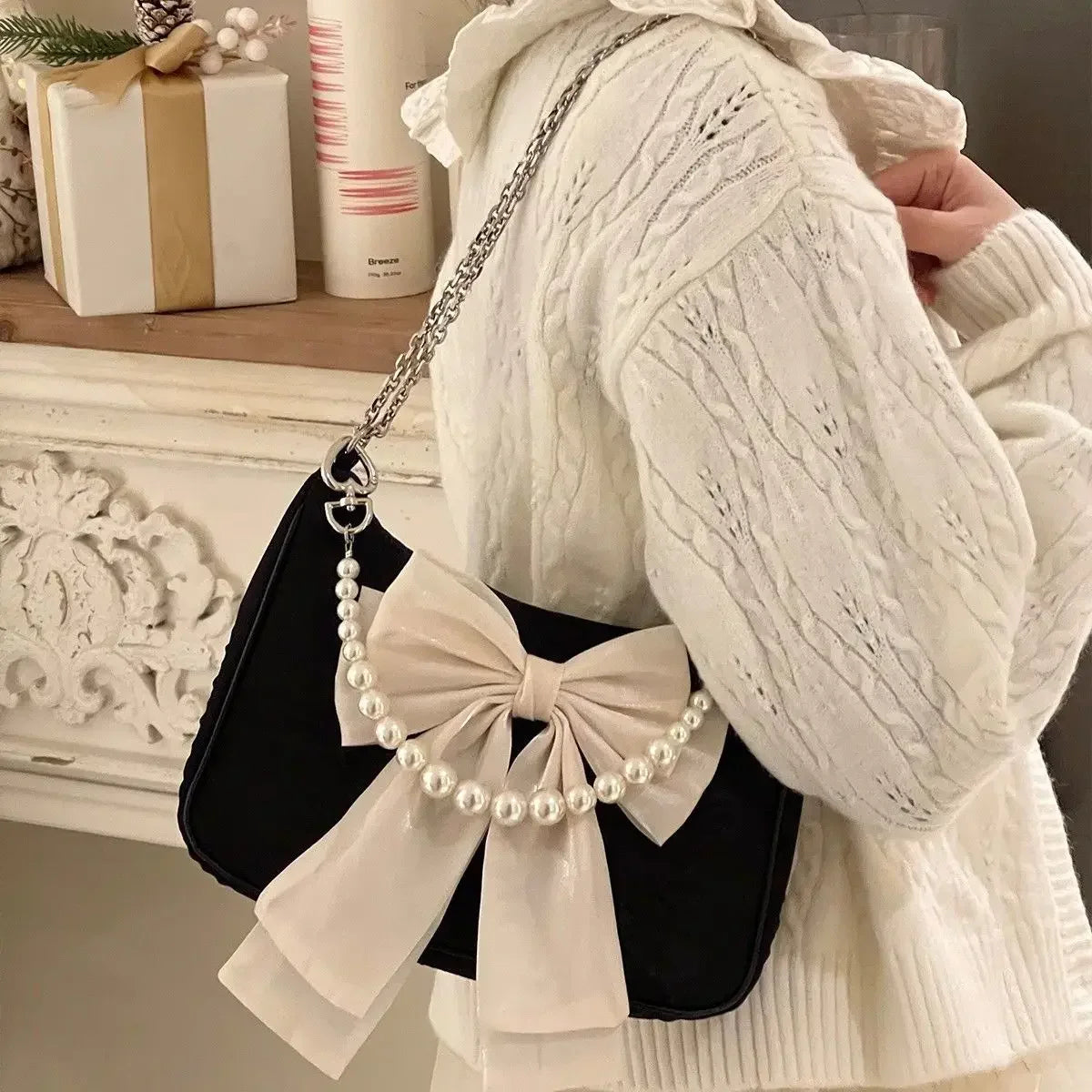 Bowknot Faux Pearl Chain Bag