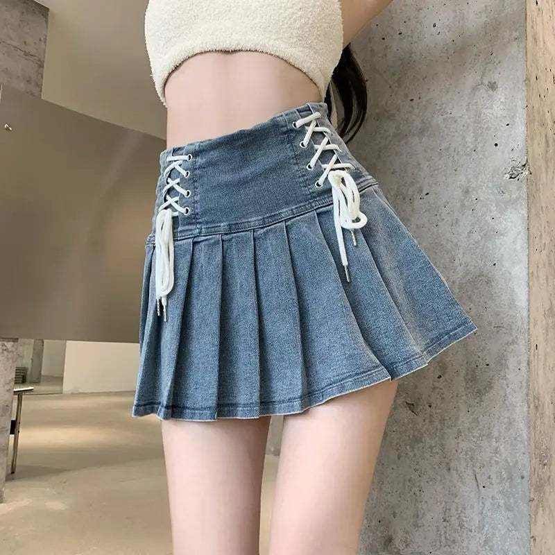 Denim Pleated High Waisted Skirt