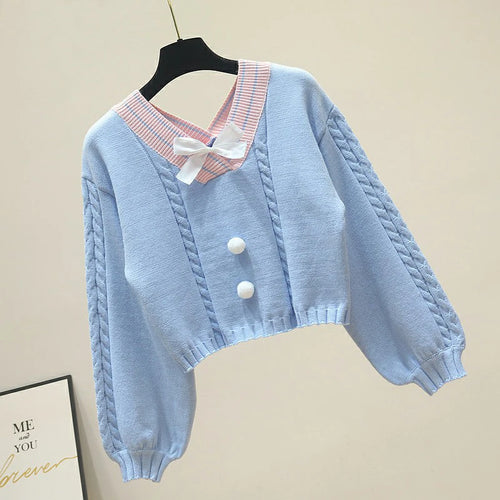 Sweet Candy Color Bow V Neck Sweater