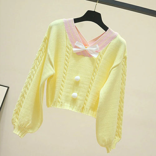 Sweet Candy Color Bow V Neck Sweater