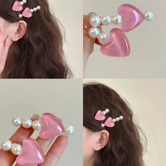 2pc Cute Pink Pearl Heart Hair Clips