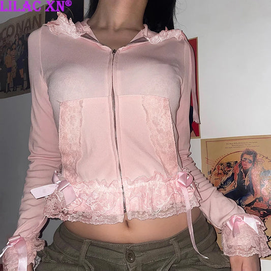 Sweet Pink Lace Zipper Jacket