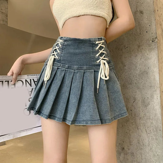 Denim Pleated High Waisted Skirt