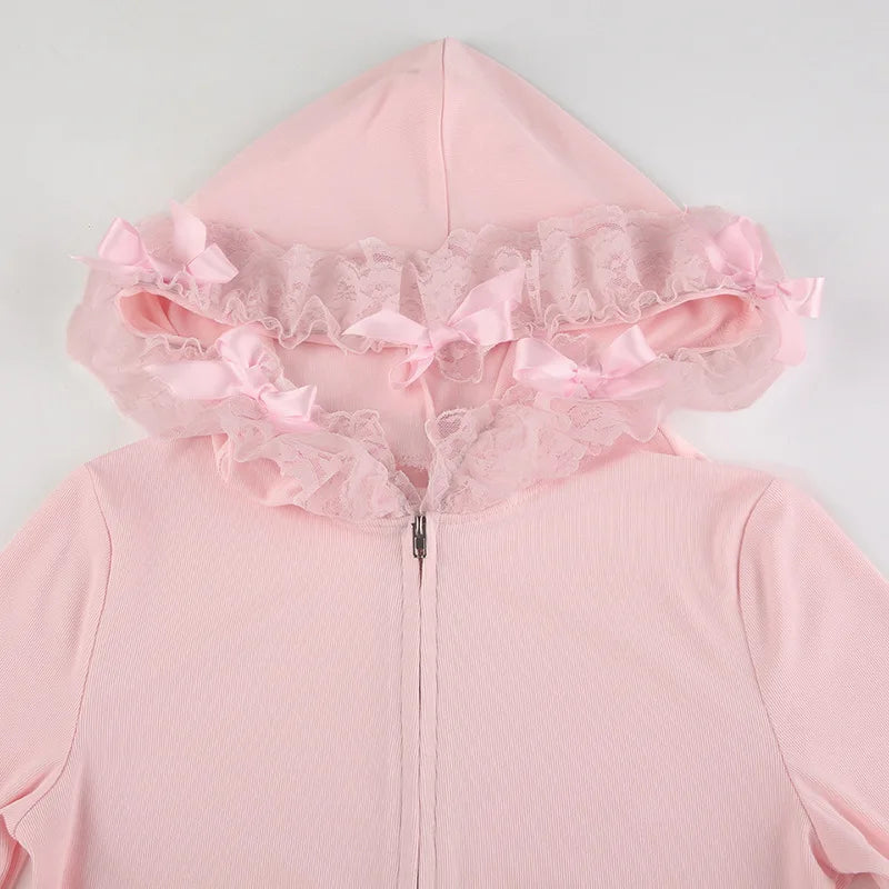 Sweet Pink Lace Zipper Jacket