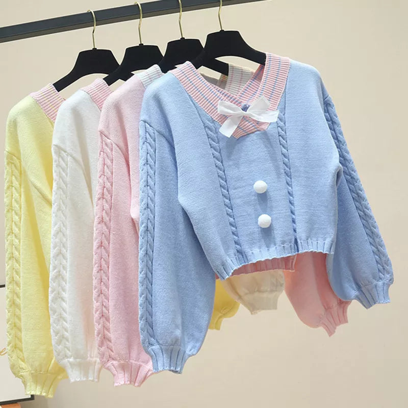 Sweet Candy Color Bow V Neck Sweater