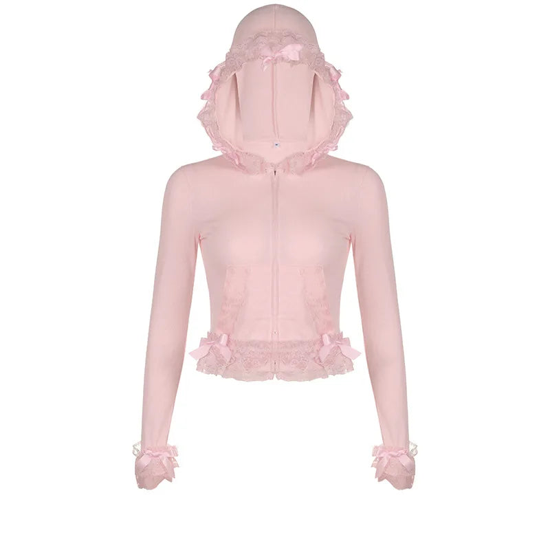 Sweet Pink Lace Zipper Jacket